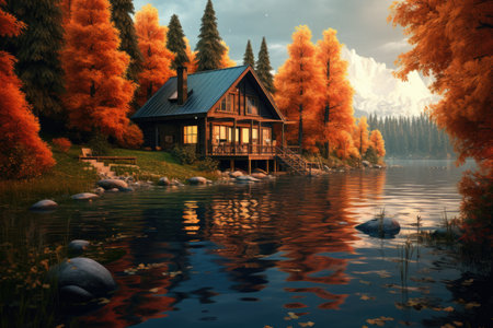 Wooden house on the lake in autumn forest. 3d renderingの素材