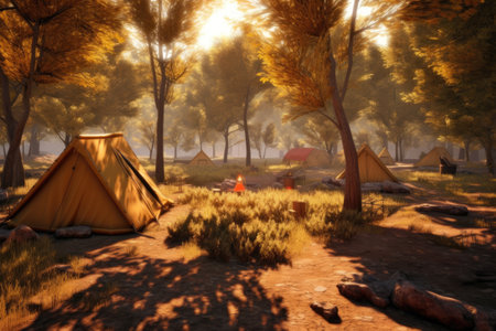 Camping in the forest at sunset, 3d rendering. computer digital drawingの素材