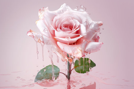pink rose with drops of water on a pink background, isolateの素材