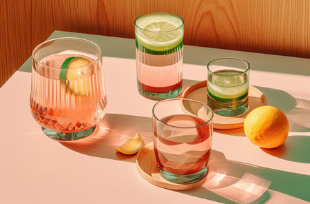 three glasses of lemonade on a wooden background. 3d renderingの素材
