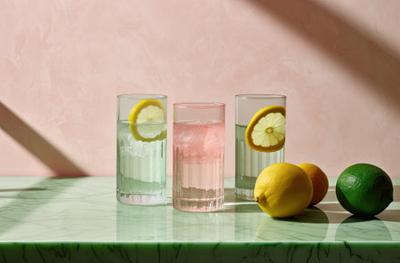 Lemonade with lemon and ice in glasses on green marble tableの素材