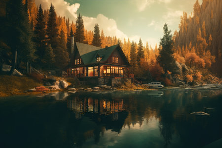 Wooden house on the mountain lake in the autumn forest. vintage style.の素材