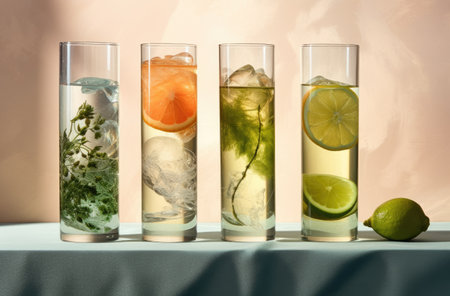 Cocktails with lemon, lime, mint and ice in glassesの素材