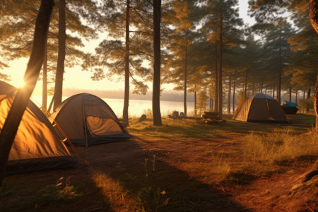 Camping tents in the pine forest at sunrise. camping in the forest.の素材