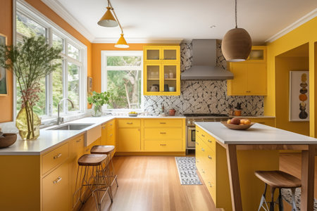 interior of a modern yellow kitchen with yellow cabinets and wooden chairsの素材