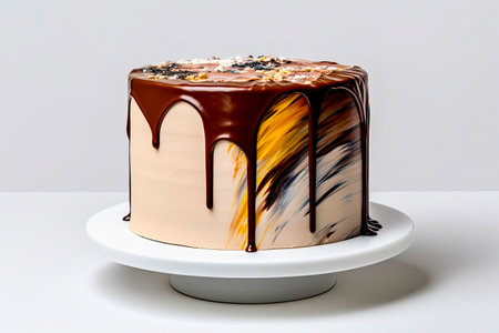 Birthday cake with chocolate frosting on a white plate. white background.の素材