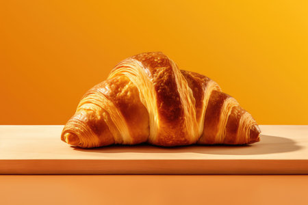 Croissant on a wooden board on an orange background. copyspace.の素材