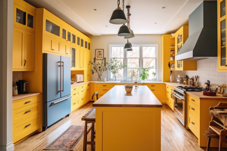 interior of modern yellow kitchen with wooden cabinets and built in appliancesの素材