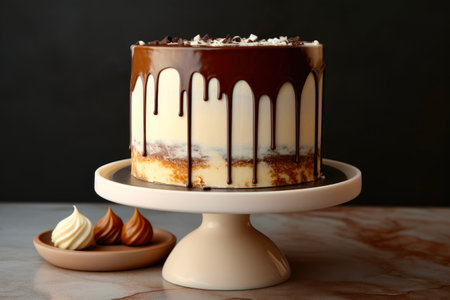 Chocolate cake with cream on a white marble table, black backgroundの素材