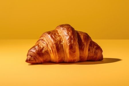 Fresh croissant on yellow background. Concept of tasty breakfast.の素材