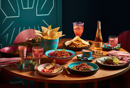 Mexican food on the table with nachos, guacamole and tacosの素材