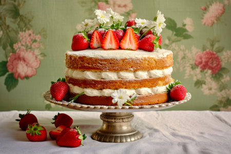 Strawberry cake decorated with fresh strawberries and daisies.の素材