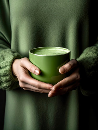 Woman in green sweater holding a cup of matcha latte.の素材