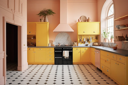 3d render of yellow and orange modern kitchen in classic style.の素材