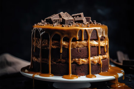 Chocolate cake with caramel on a dark background. selective focus.の素材