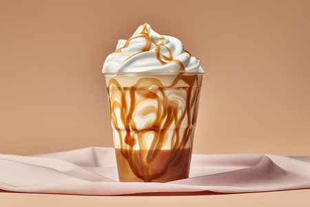 Coffee in plastic cup with whipped cream and caramel on pink backgroundの素材