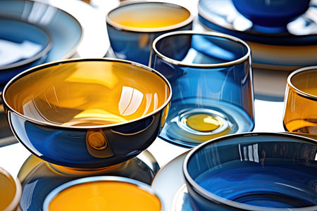 Colorful bowls and plates in a row, close-up shotの素材