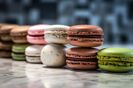 Colorful macaroons on a marble table. toned.の素材