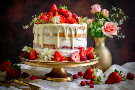 Strawberry cake with cream and fresh strawberries on a dark backgroundの素材