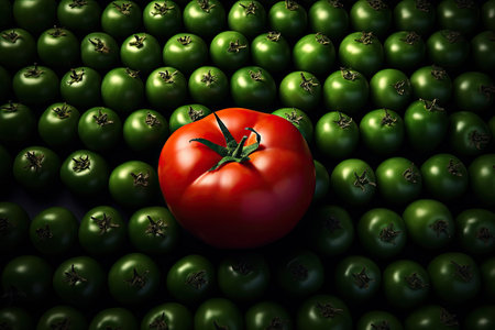 A red tomato surrounded by green tomatoes on a dark background with copy spaceの素材