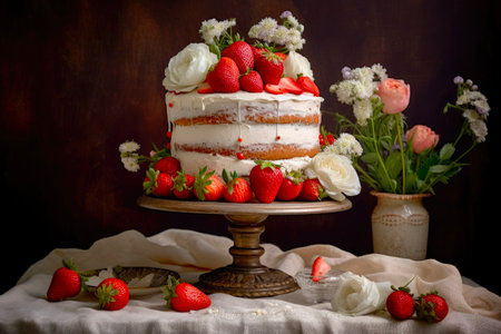 Beautiful cake with strawberries on a dark background. toned.の素材
