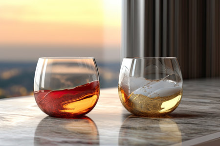 Two glasses of cognac or brandy on a table in a room with a view of the sunsetの素材
