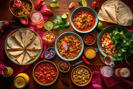 Mexican food in bowls on wooden table. top view with copy spaceの素材