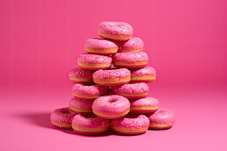 3d render of pink donuts stacked in a pyramid on pink backgroundの素材