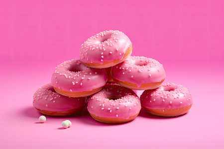 3d render of pink donuts with sprinkles on pink backgroundの素材