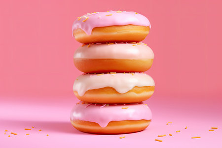 3d render of a stack of donuts with pink icing on pink backgroundの素材