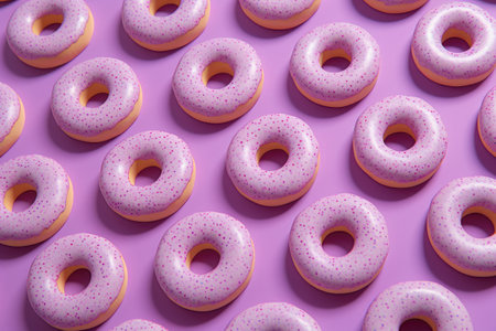 Pink donuts with sprinkles on a purple background, top viewの素材