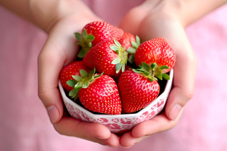 Strawberries in a bowl in the hands of a child.の素材