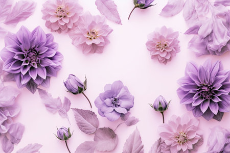 flowers composition. Frame made of purple dahlia flowers on pink background. Flat lay, top view, copy spaceの素材