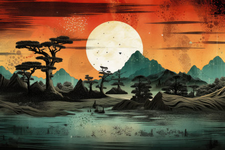African landscape with trees and lake at sunset. digital painting illustration.の素材