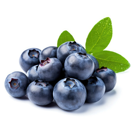 Blueberry berries with leaves isolated on white background close up. Healthy food concept.の素材