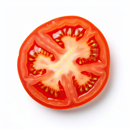Sliced tomato isolated on white background. top view. flat lay patternの素材