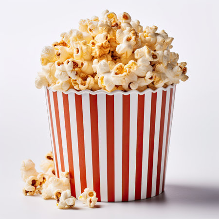 Popcorn in a striped box on a white background close-upの素材