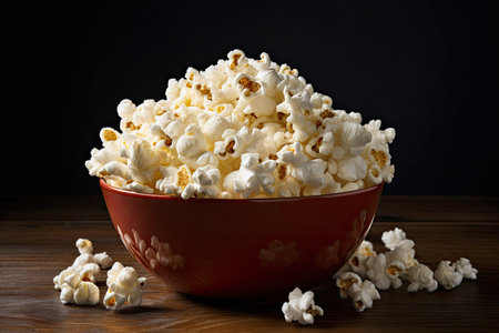 Bowl of popcorn on wooden table against black background, closeupの素材