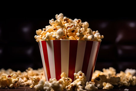 Popcorn in a striped bucket on a dark background. selective focus.の素材