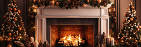 Fireplace with burning candles and Christmas tree in room. banner designの素材