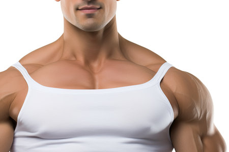 Close-up of shirtless man with muscular body against white backgroundの素材