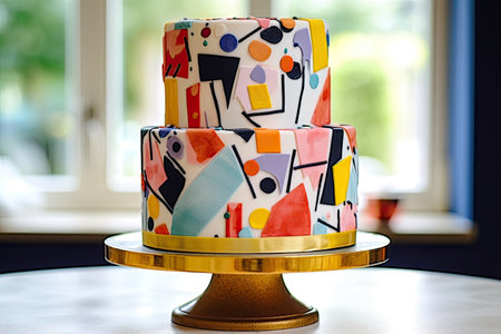 Birthday cake decorated with colorful geometric shapes on a golden stand.の素材