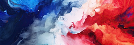 Abstract background of acrylic paints in blue, red and white colors.の素材