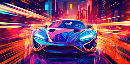 sport car in neon light, 3d rendering. computer digital drawing.の素材