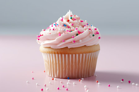 Cupcake with pink frosting and sprinkles on pink backgroundの素材