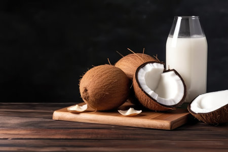 Coconut milk in a glass and ripe coconuts on a wooden tableの素材