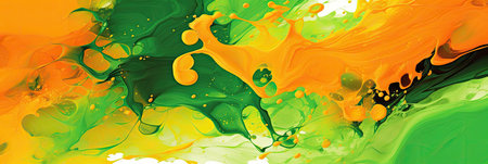 Abstract background of acrylic paint in green, orange and yellow colors.の素材