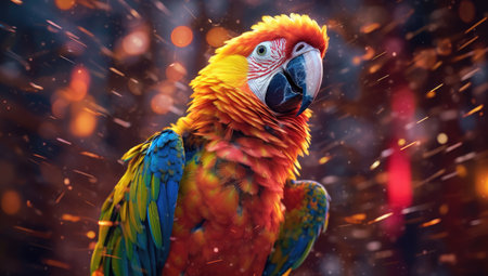 beautiful Scarlet macaw parrot in the rain, close upの素材