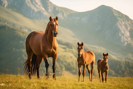 Mare and foal on a meadow in the mountains.の素材