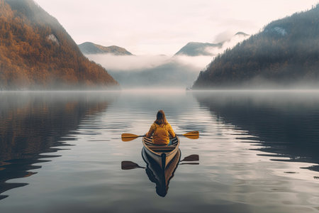 Woman kayaking on a lake in the morning fog. autumn landscapeの素材